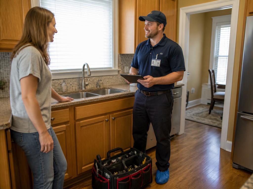 Plumber finishing a repair while the homeowner looks on