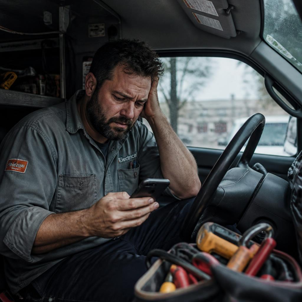 Electrician in his van searching for leads on his phone