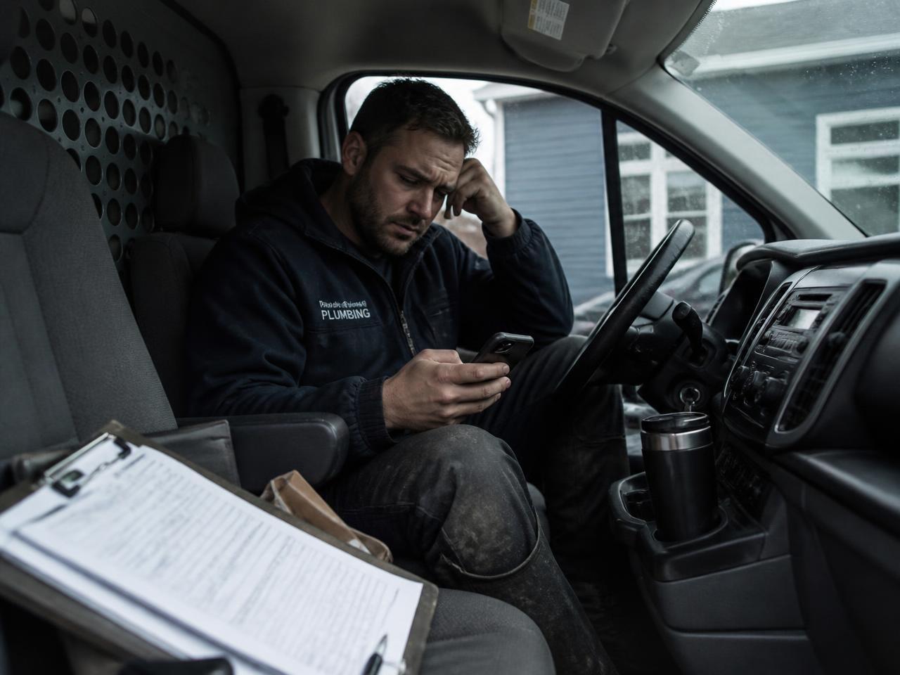 Plumber in his van searching for leads on his phone