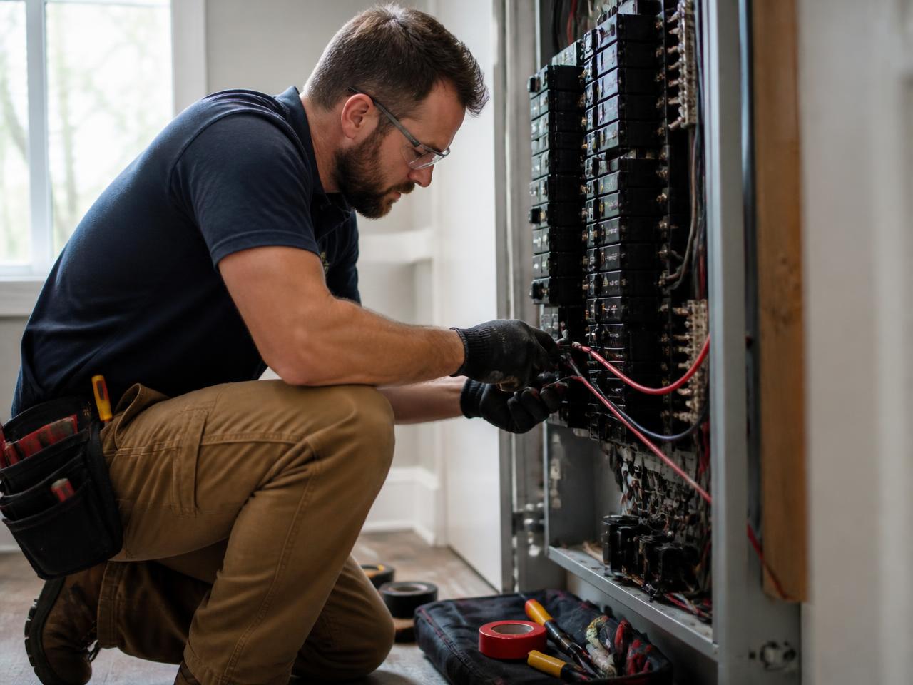 Electrician wiring a breaker panel